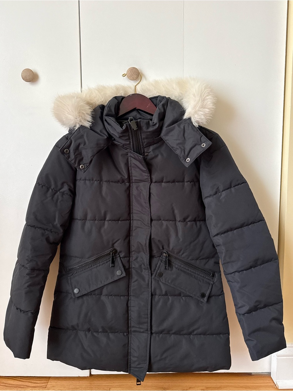 Rebecca Minkoff Faux Fur Trim Hooded Puffer Jacket - Navy Blue (Size XS)